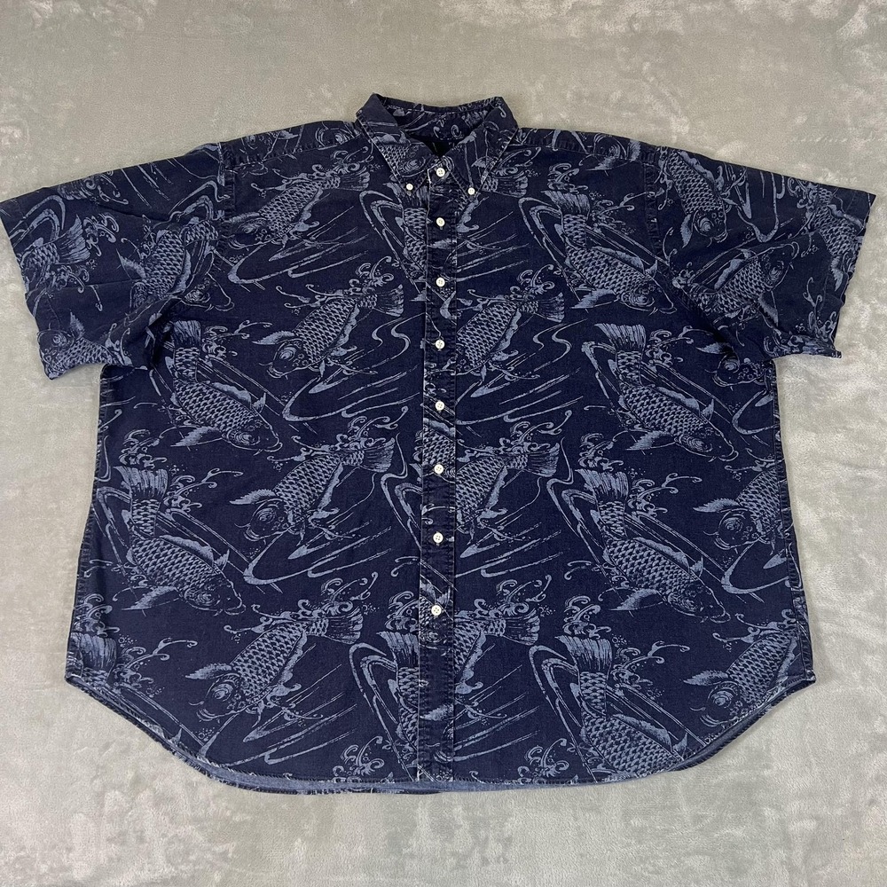 Ralph Lauren Shirt Mens Big 3X Blue Koi Fish Print Short Sleeve Button Up